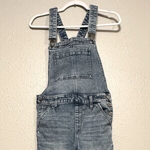 Celebrity Pink Destructed Denim Overalls Medium Wash Side Buttons: Size M